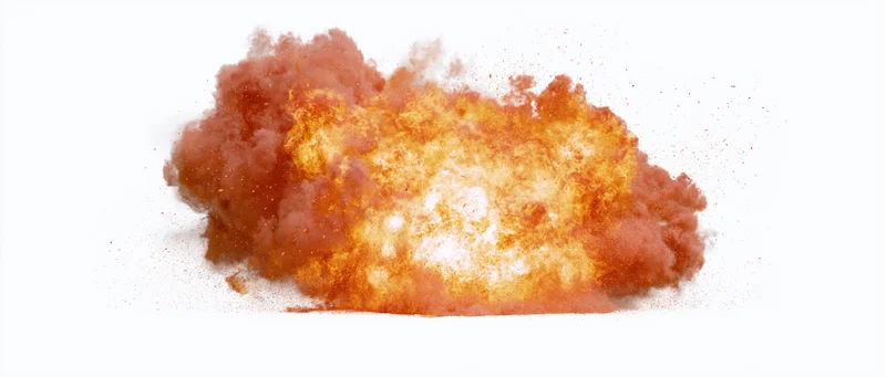 Fiery explosion with leaping flames and flying embers isolated on white background