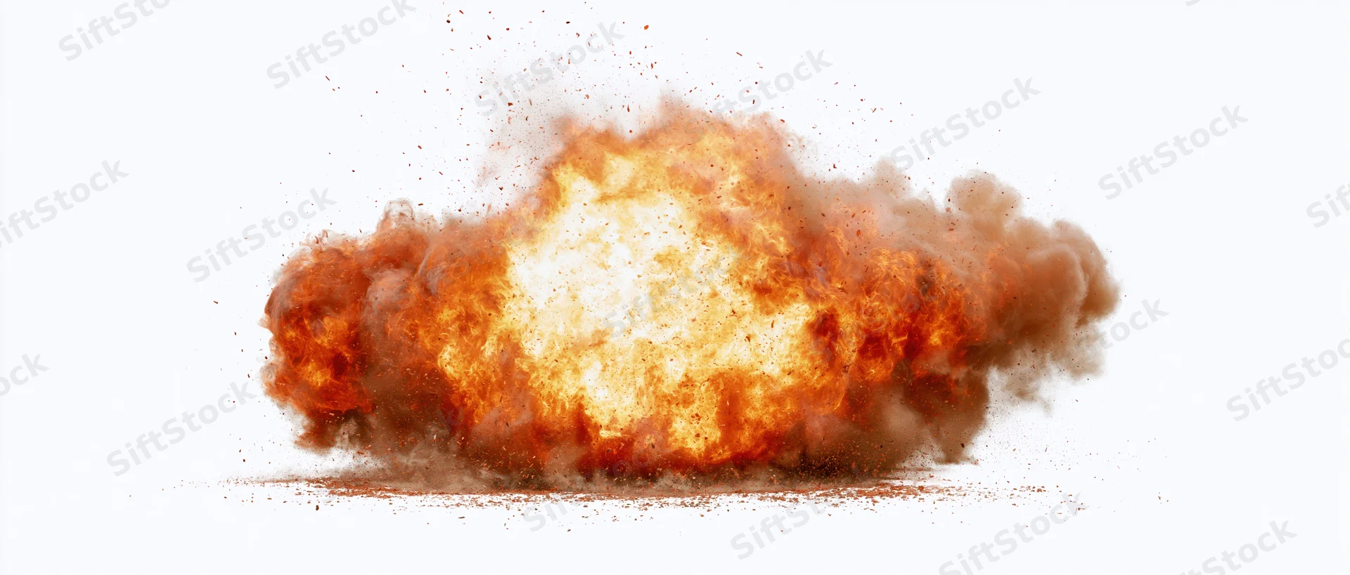 Fiery explosion with leaping flames and flying embers isolated on white background