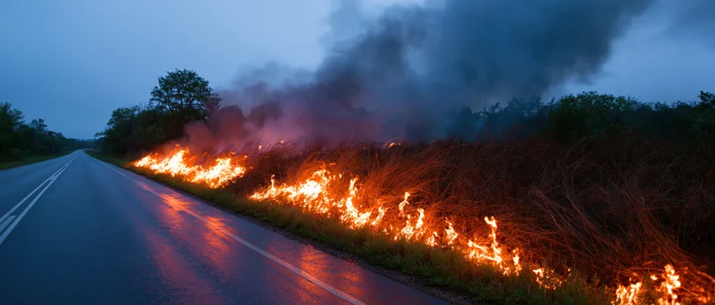 Intense grass and brush fire burning along the side of a rural road at dusk