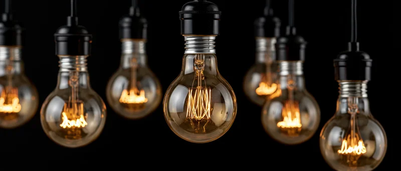 Vintage edison lightbulbs hanging and glowing against a black background