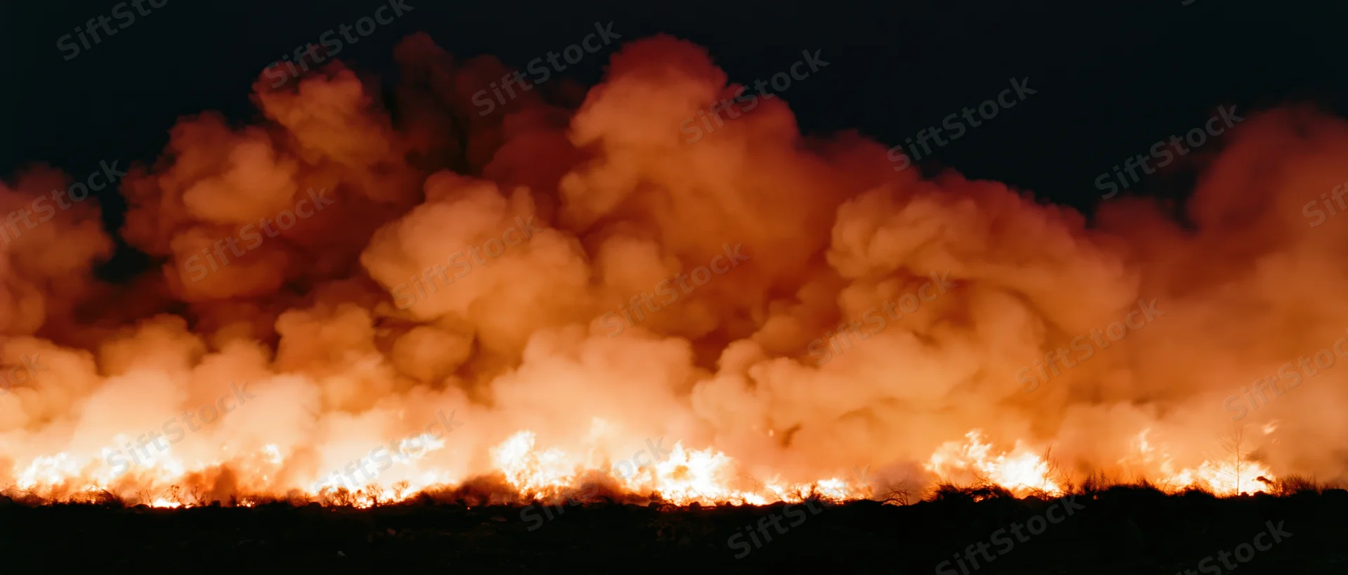 Intense industrial fire burning at night with thick smoke rising over dark landscape