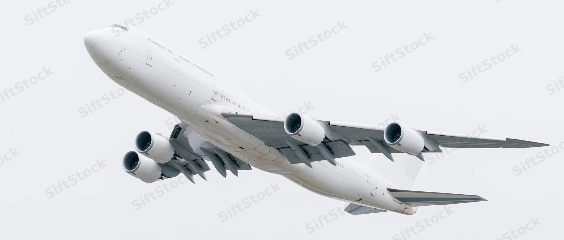 White commercial jet aircraft in flight against overcast sky