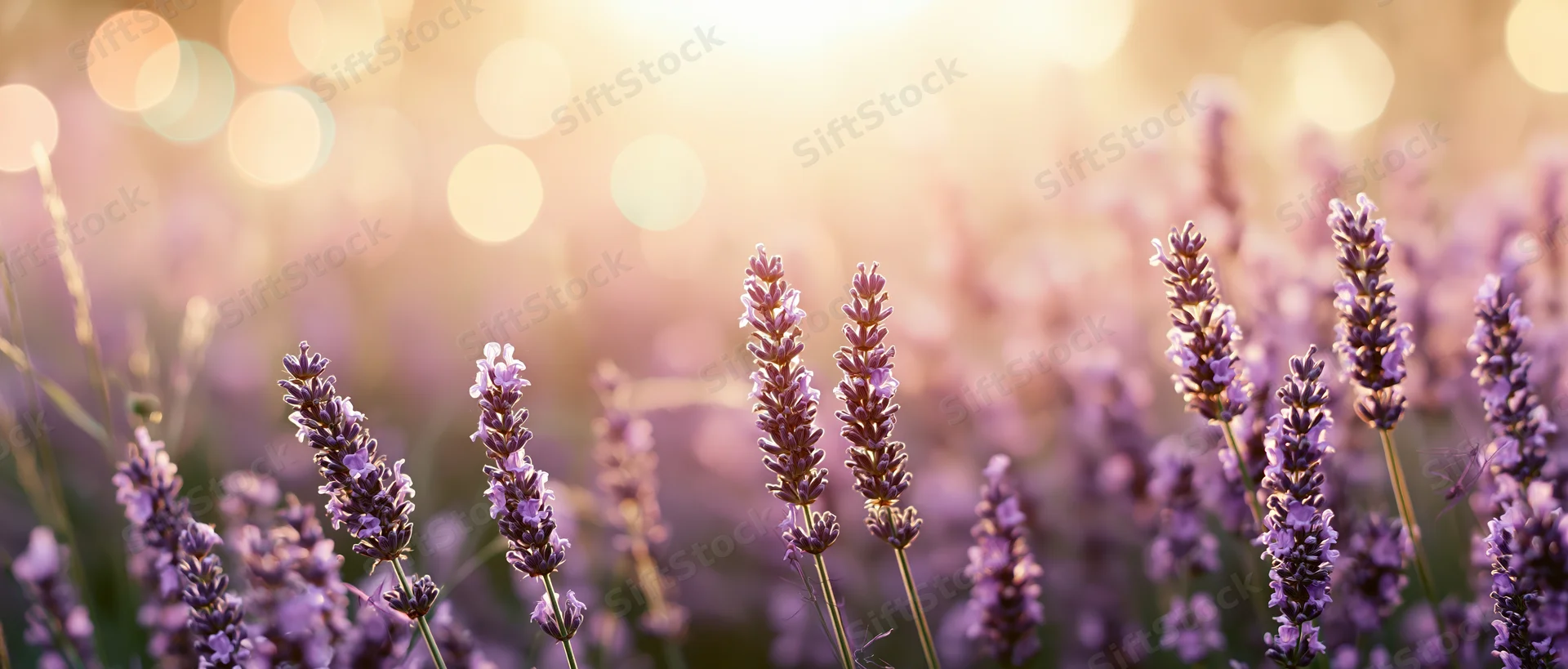 Lavender flowers in full bloom across a field at golden hour with soft sunlight and bokeh background