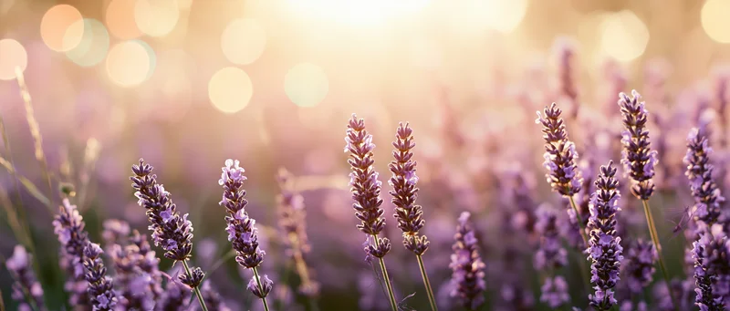Lavender flowers in full bloom across a field at golden hour with soft sunlight and bokeh background