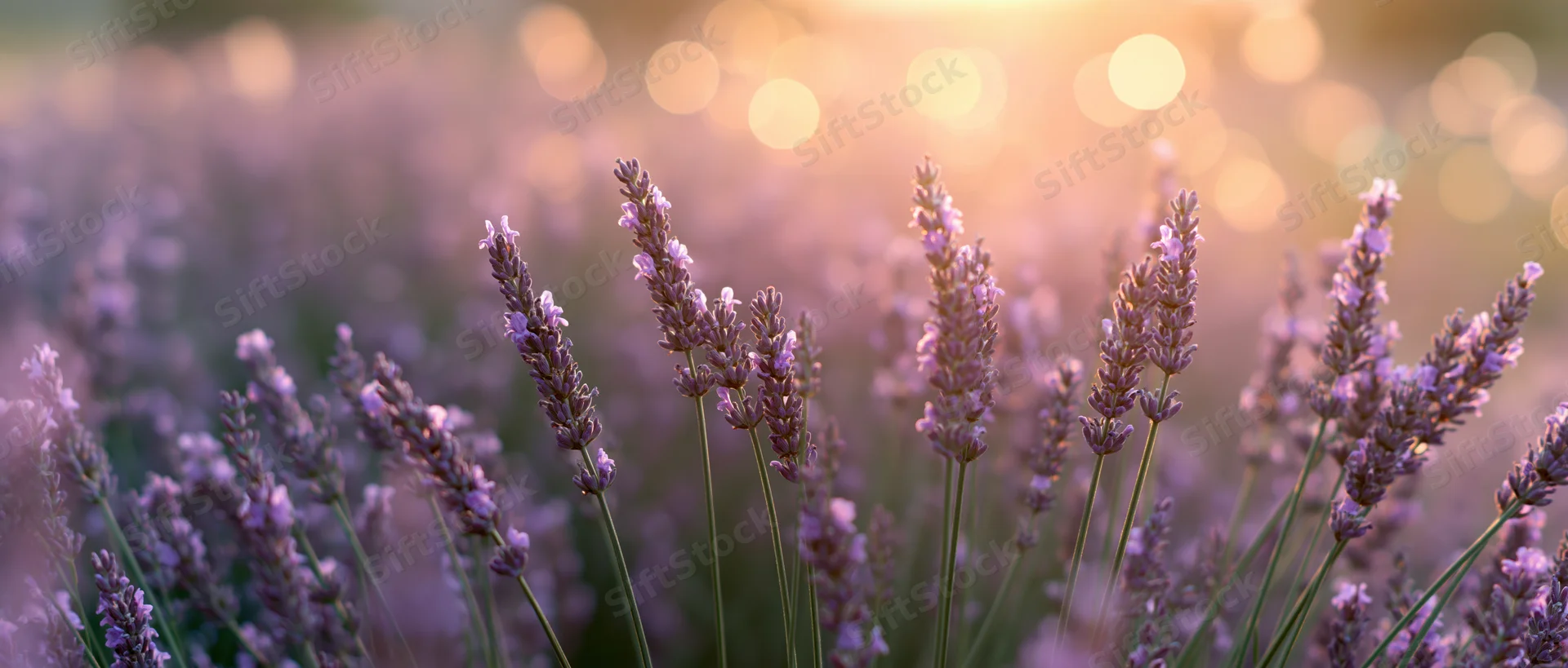 Lavender flowers in full bloom in a field at golden hour
