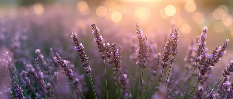 Lavender flowers in full bloom in a field at golden hour