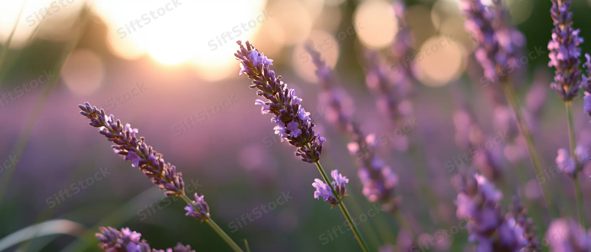 Lavender flowers in full bloom at sunset in a field