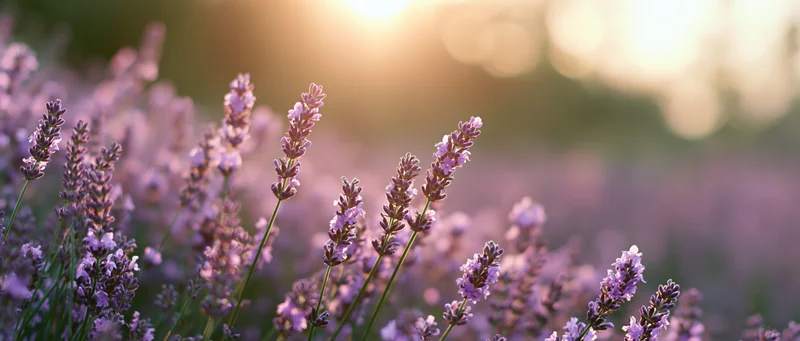 Lavender flowers in full bloom across a field at golden hour