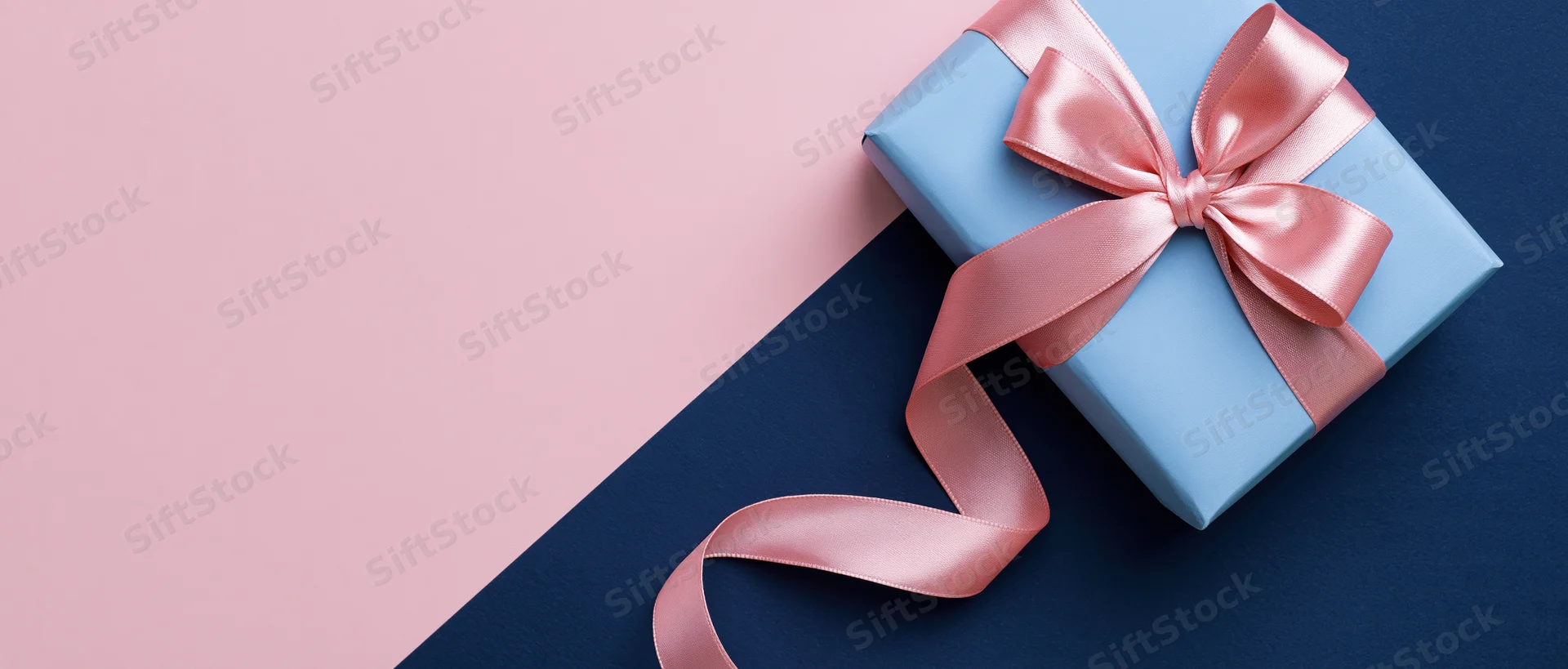 Light blue gift box with pink satin ribbon bow on pink and navy background