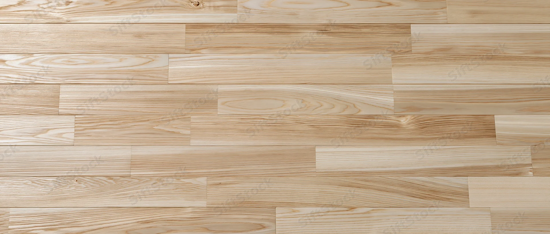 Light natural ash wood parquet flooring in flat lay overhead view