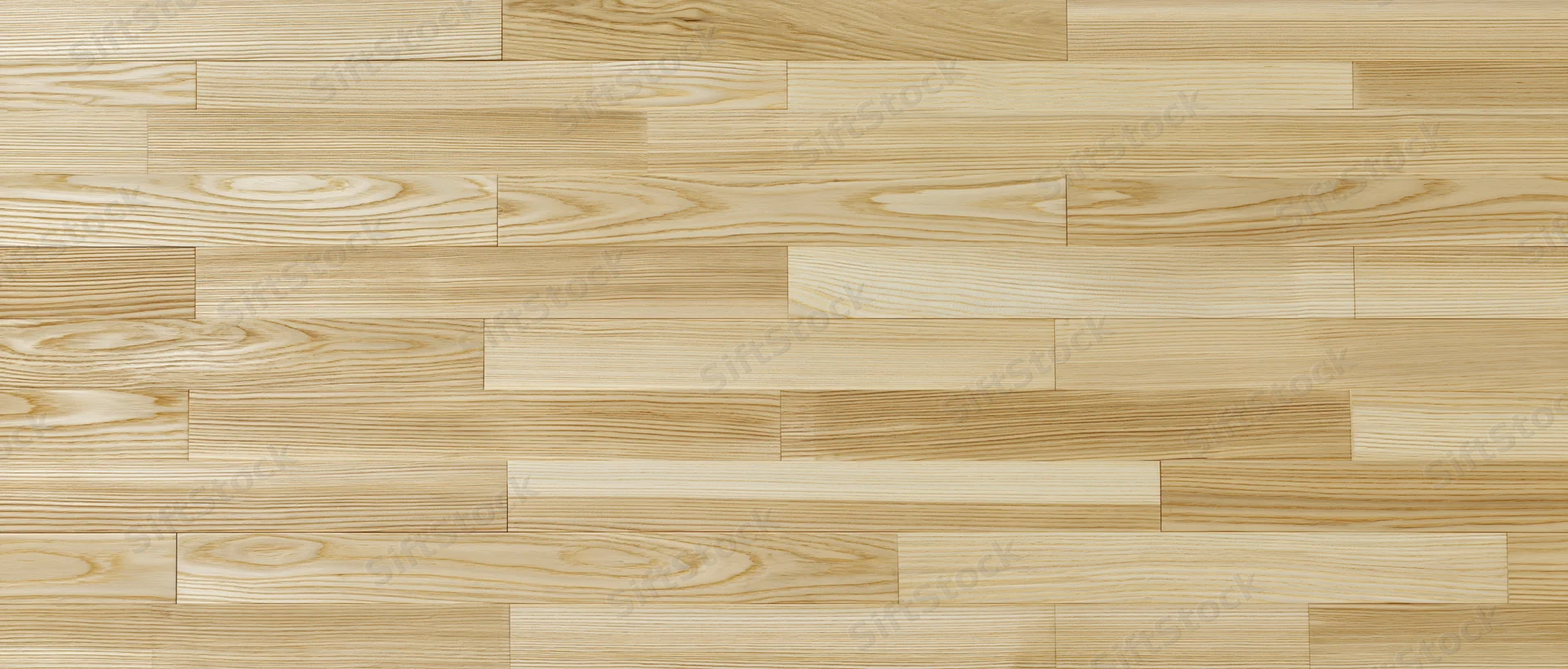 Light natural ash wood parquet flooring in a flat lay overhead view