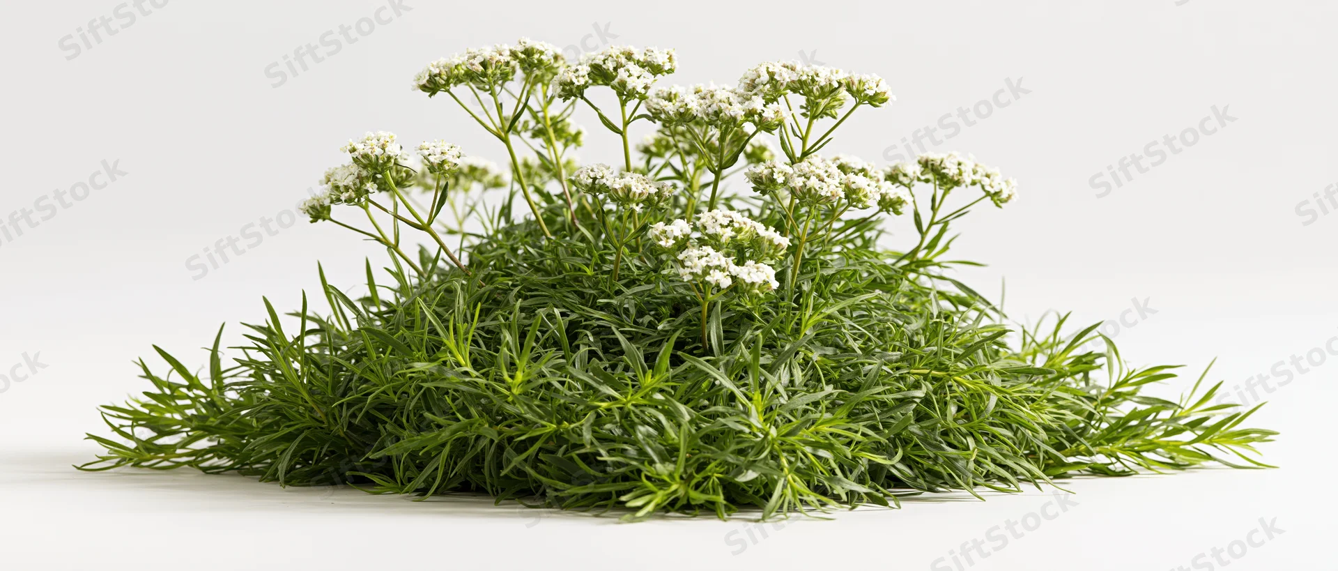 Low spreading clump of wild herbs with small white clustered flowers on white background