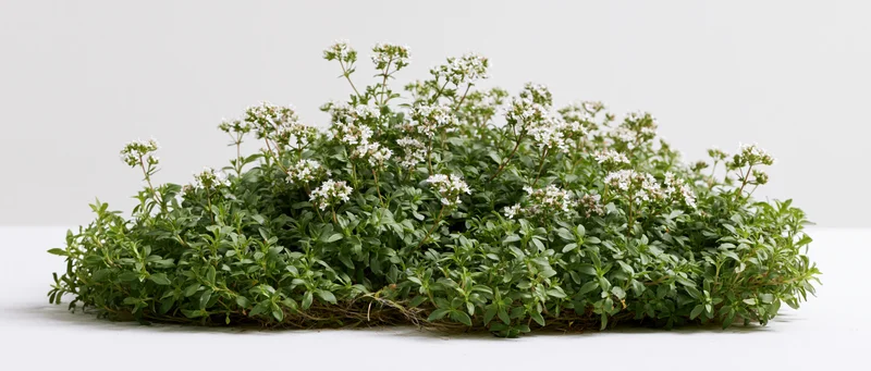 Low spreading clump of thyme with small white flowers and green foliage on white surface