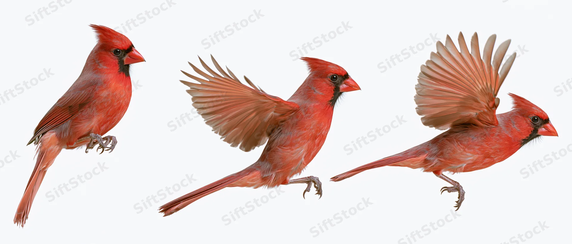 Male northern cardinal perched and in mid-flight with wings spread against white background