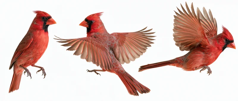 Three male northern cardinals shown perched and in mid-flight with wings spread against white background