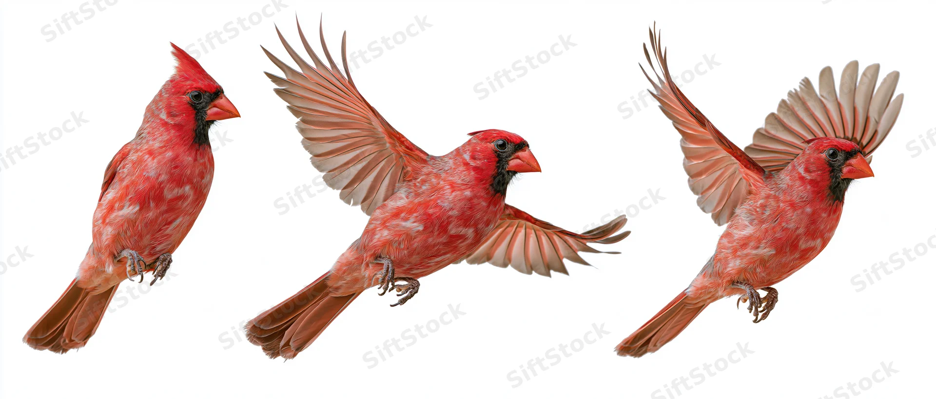 Three male northern cardinals shown perched and in mid-flight with wings spread against white background