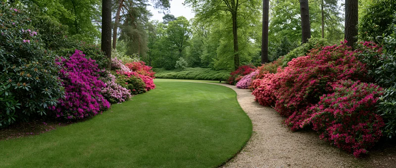 Curved gravel path winding through manicured lawn bordered by blooming azalea shrubs in an English garden