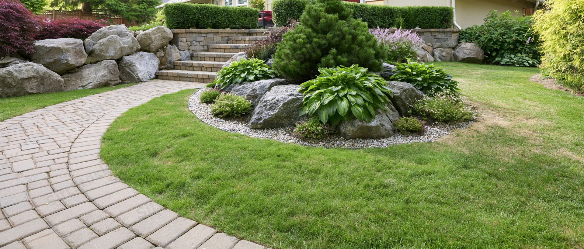 Curved brick paver path winding through a manicured residential garden with green lawn, shrubs, rocks and steps