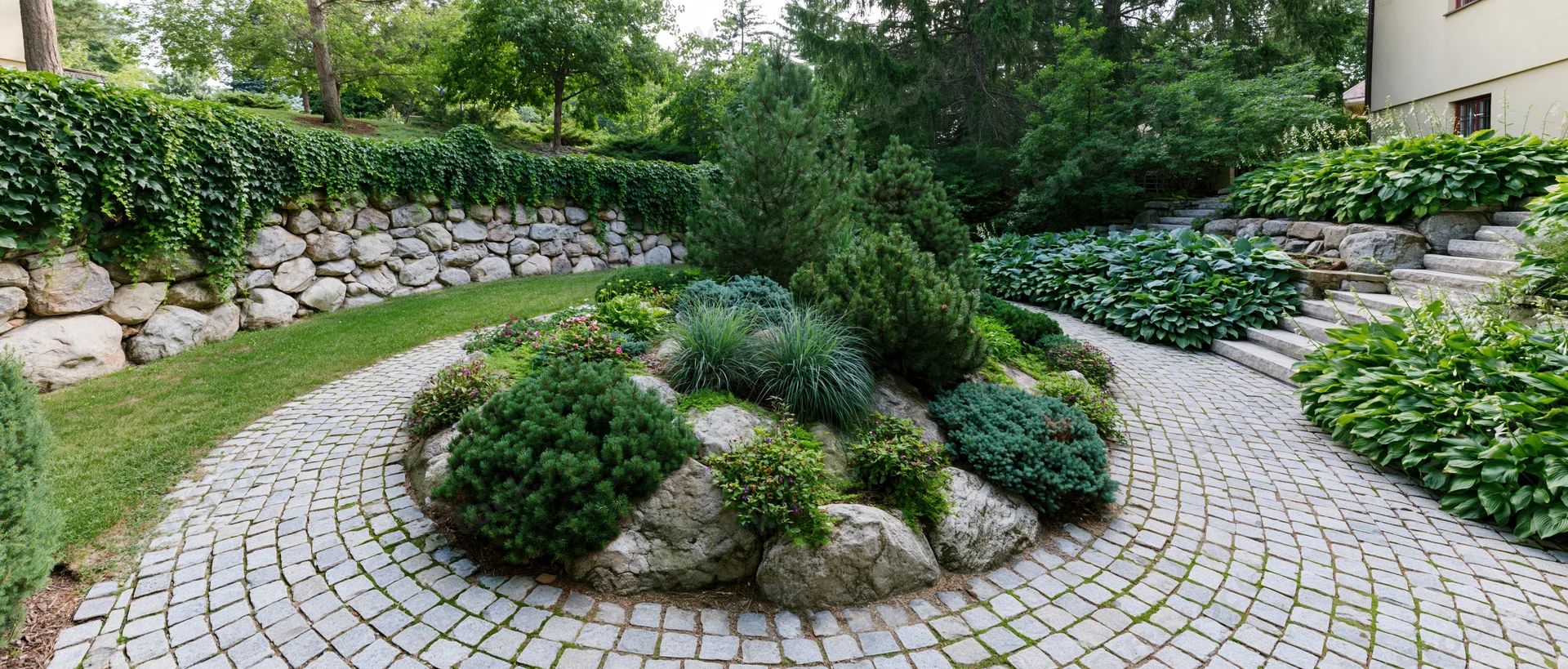 Curved cobblestone path winding through a manicured residential garden with shrubs, rocks, and greenery