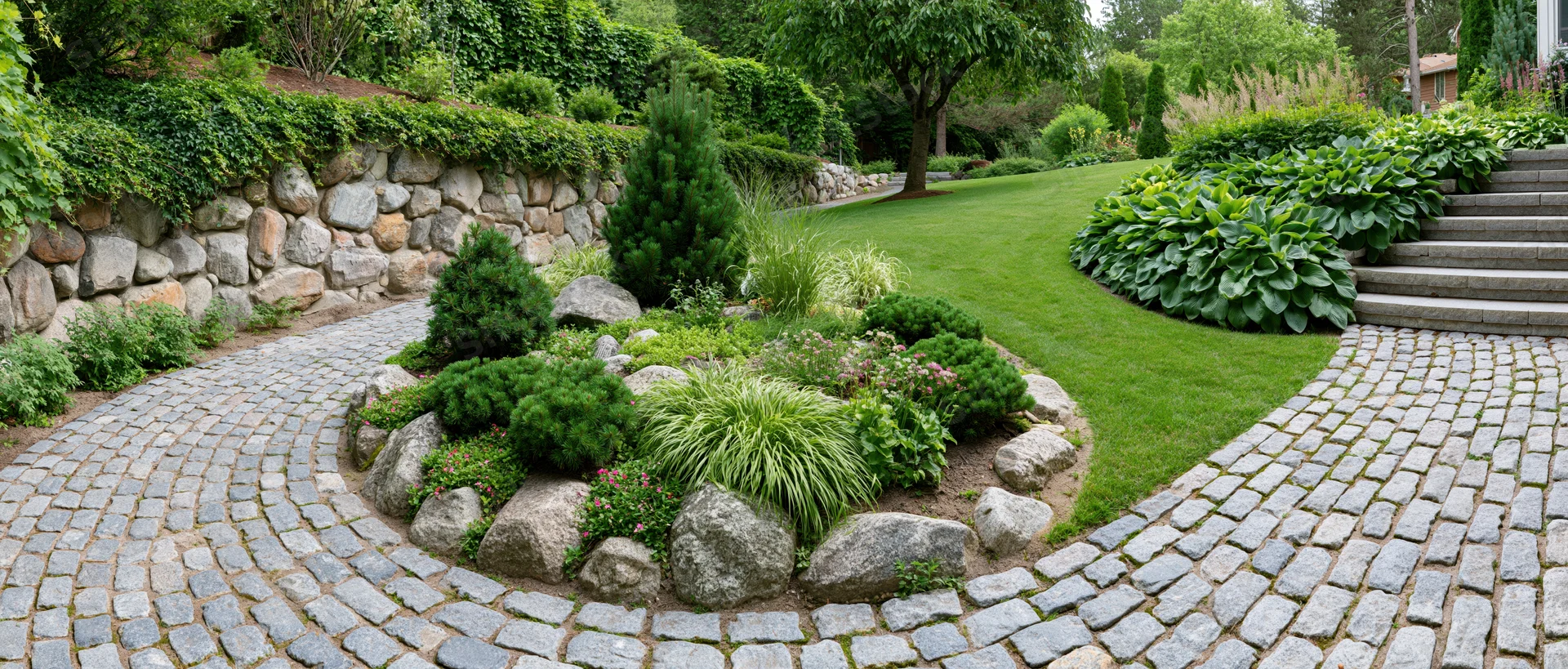 Curved cobblestone path winding through a manicured garden with shrubs, rocks and green lawn