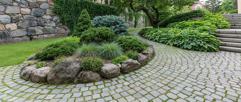 Curved cobblestone path winding through a manicured garden with shrubs, rocks, and greenery beside a stone wall and steps