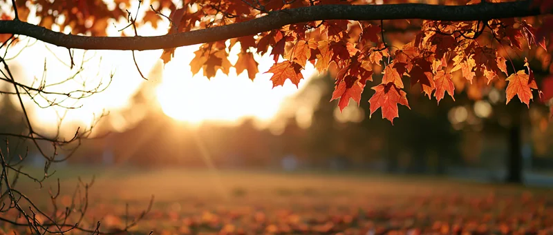 Maple tree branches with orange and red autumn leaves framing a sunset over a park landscape