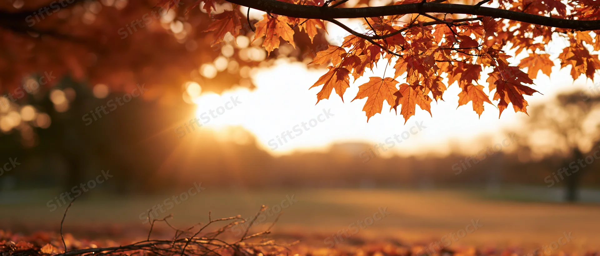 Maple tree branches with orange autumn leaves framing a sunset over a park field