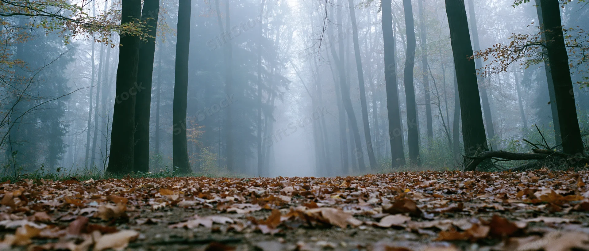 Misty autumn forest path covered in fallen leaves receding into dense fog