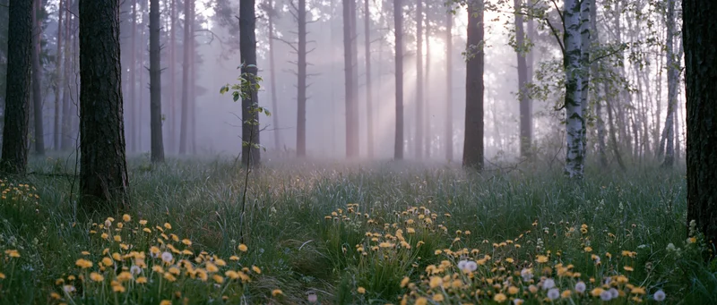 Misty forest floor covered in wild dandelions and tall grass with sunlight filtering through trees