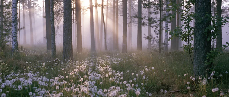 Misty forest floor covered in blooming dandelions and tall grass at sunrise