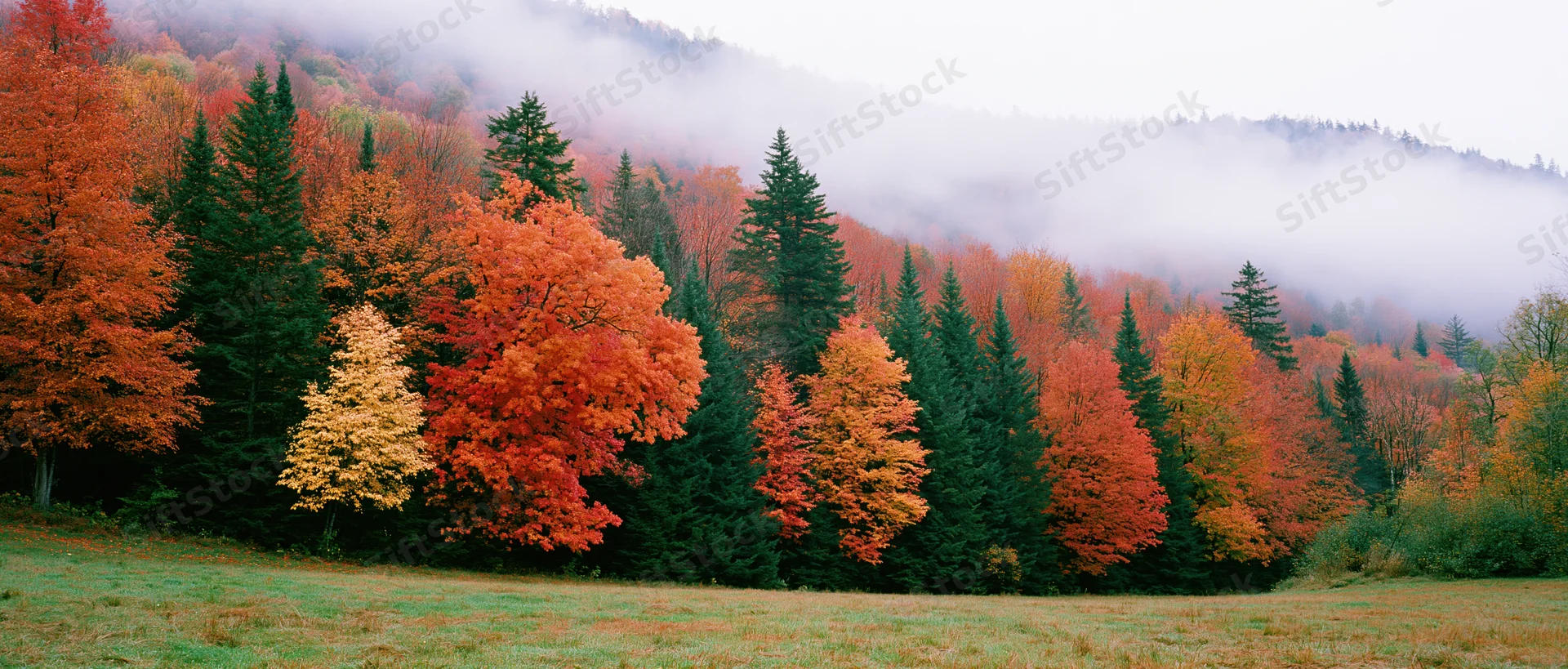 Autumn forest with colorful deciduous and evergreen trees on a misty hillside overlooking a grassy meadow
