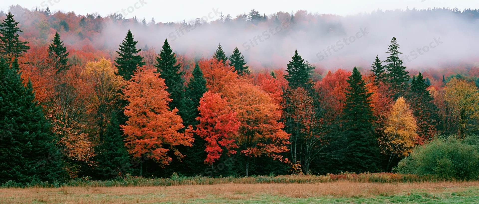 Mixed deciduous and evergreen forest in full autumn color with mist over treetops and grassy field in foreground