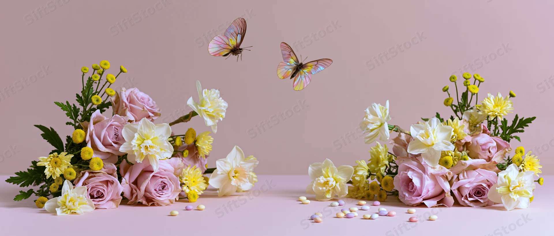 Two floral arrangements with pink roses, white narcissus, yellow button flowers, and butterflies on a pastel pink surface