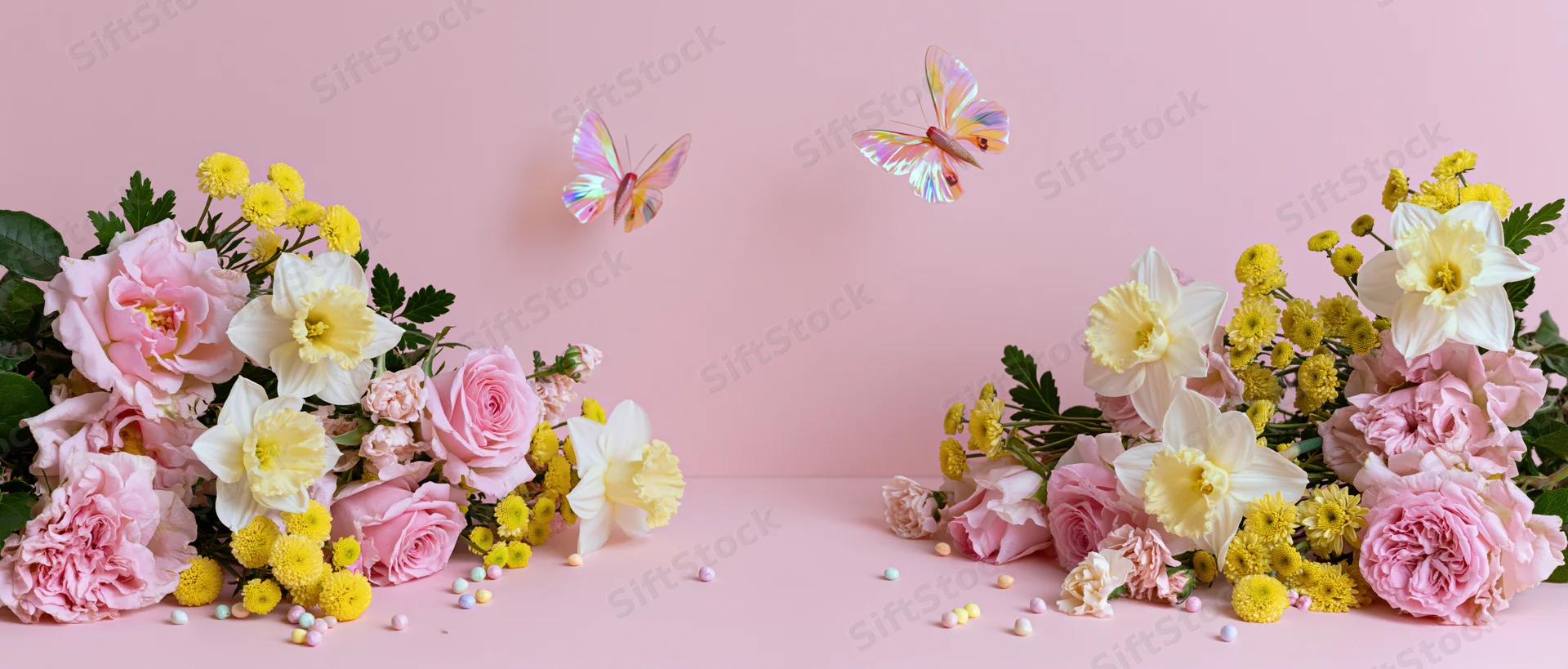 Spring flowers arranged in bouquets with butterflies on a pink surface
