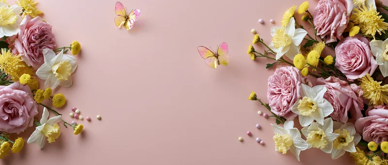Spring flowers and butterflies arranged on a pink background with copyspace
