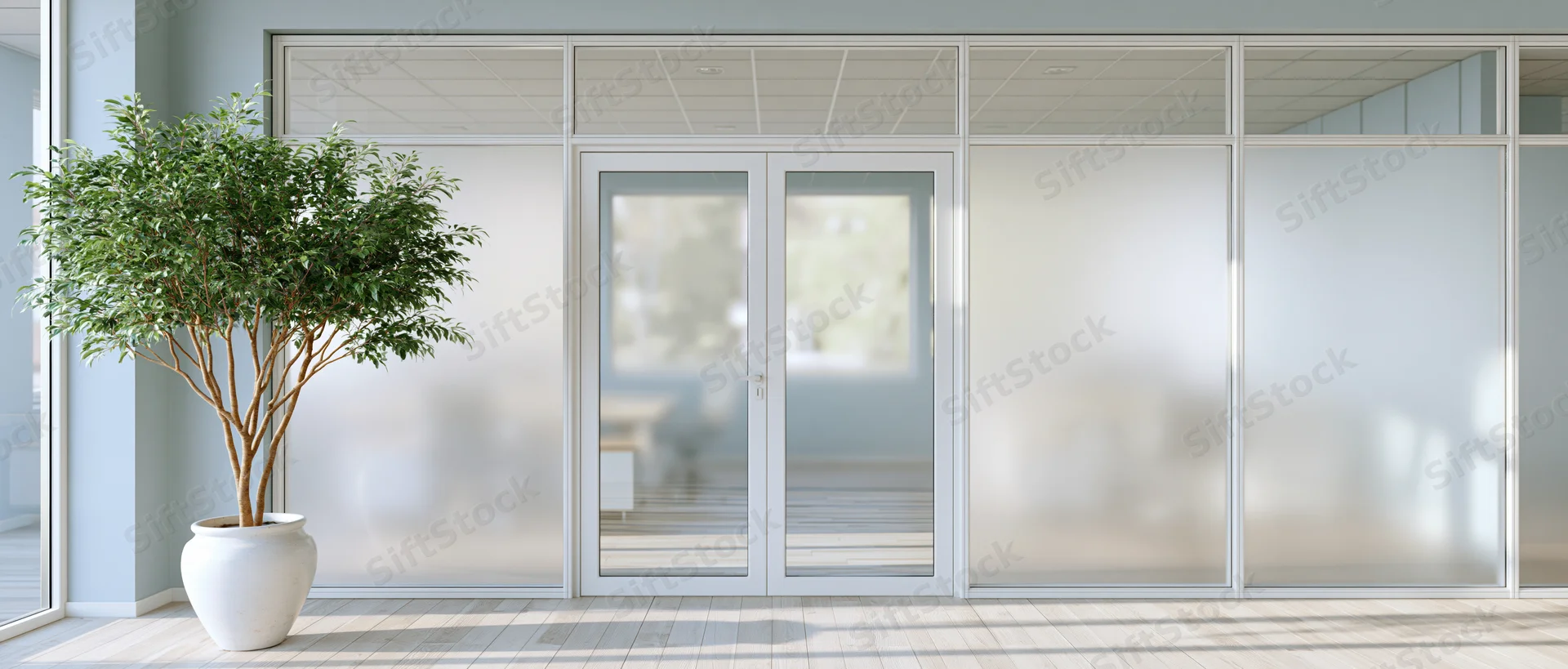 Modern office corridor with frosted glass partition wall and potted plant on tiled floor