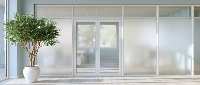 Modern office corridor with frosted glass partition wall and potted plant on tiled floor