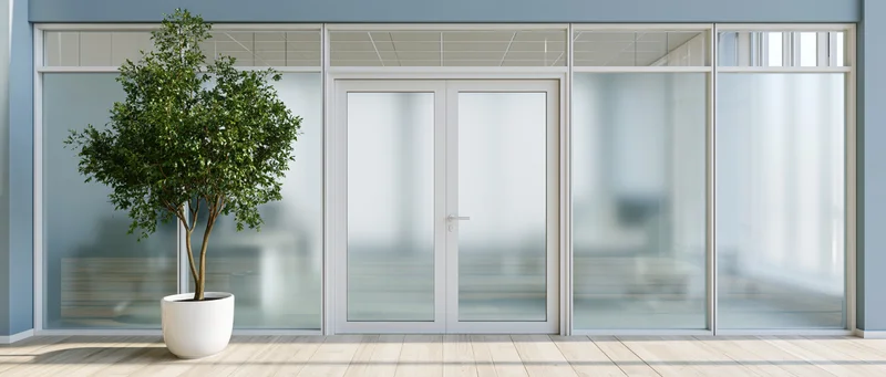 Modern office corridor with frosted glass partition wall and potted plant