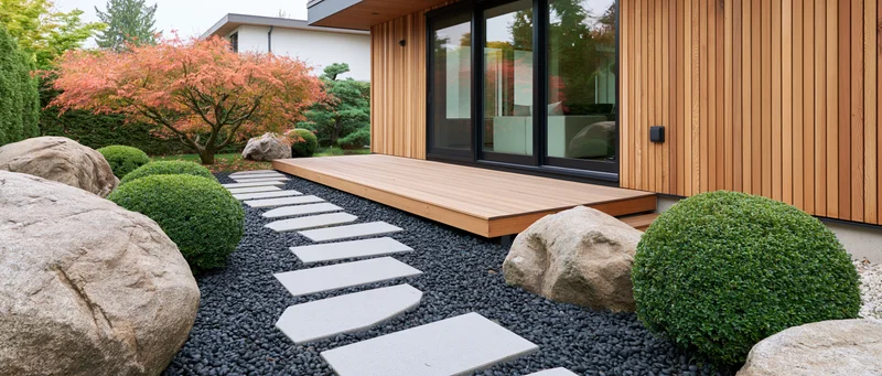 Modern residential garden with stepping stone path leading to wooden deck entrance