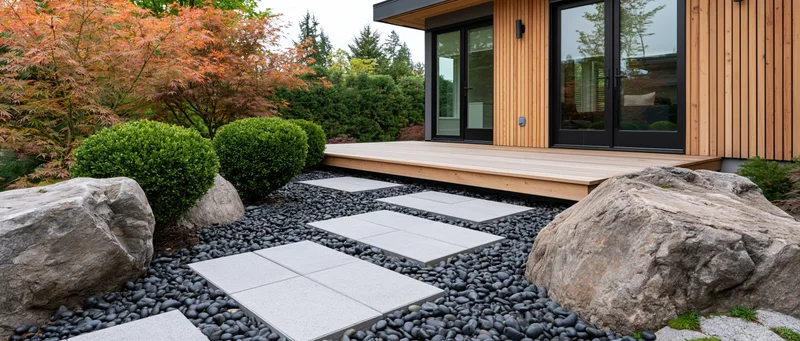 Modern residential garden with stepping stone path leading to wooden deck house exterior
