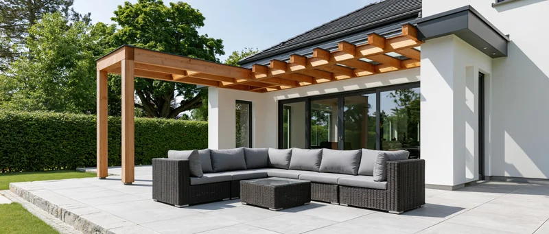 Modern white house with wooden pergola over gray wicker sectional sofa on concrete patio