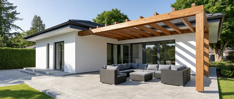 Modern single-story white house with wooden pergola over patio featuring gray wicker furniture and glass doors surrounded by garden and lawn