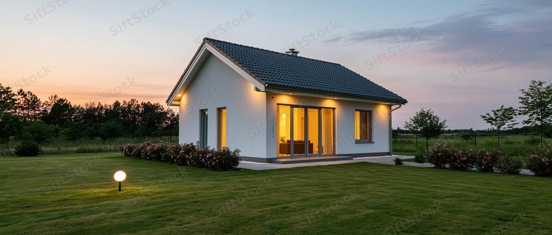 Modern white house with grey tiled roof and illuminated windows at dusk on a grassy lawn with flowering shrubs and outdoor lighting