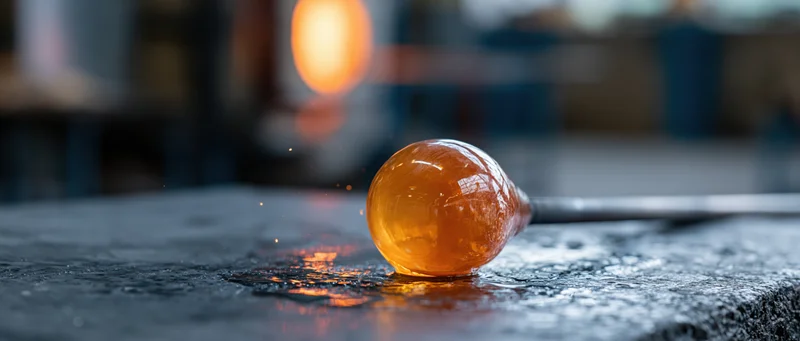 Molten glass globe on a blowpipe resting on a wet metal surface in a workshop