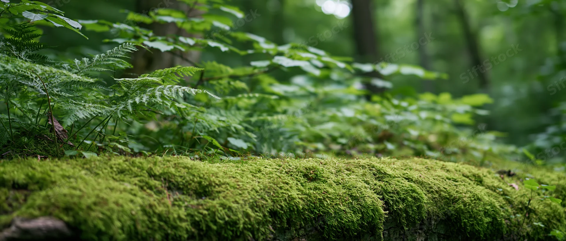 Moss-covered ground in a dense temperate forest with ferns and trees in the background
