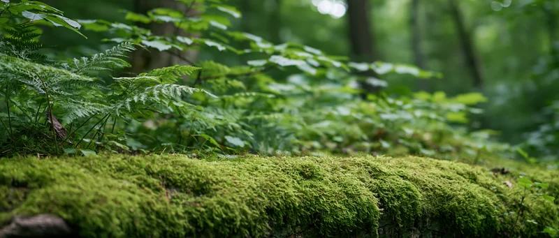 Moss-covered ground in a dense temperate forest with ferns and trees in the background