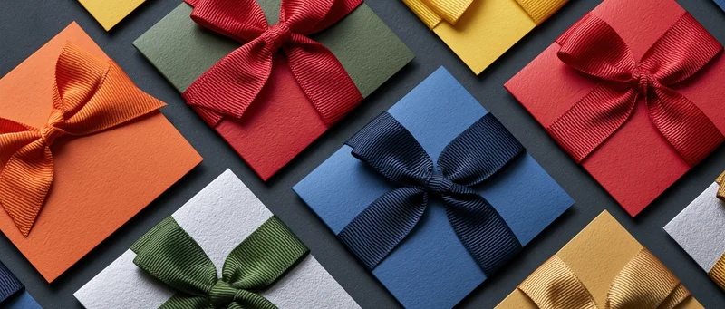 Colorful gift cards with ribbons arranged diagonally in flat lay on dark surface