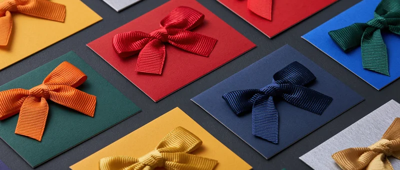 Colorful gift cards with ribbons arranged diagonally in flat lay on dark surface