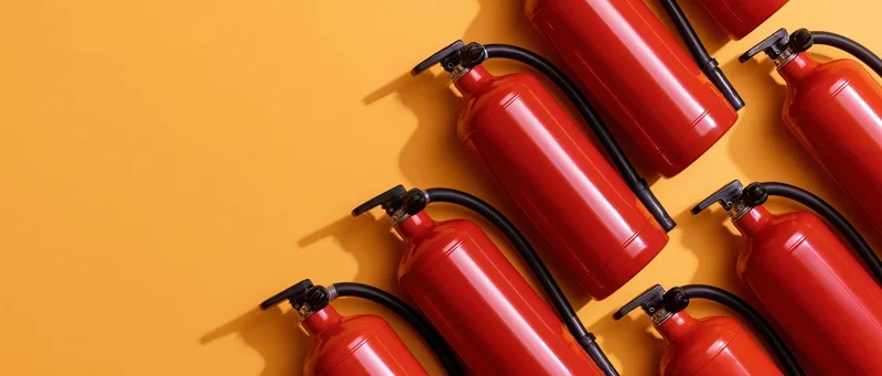 Multiple red fire extinguishers arranged diagonally on orange background with copyspace