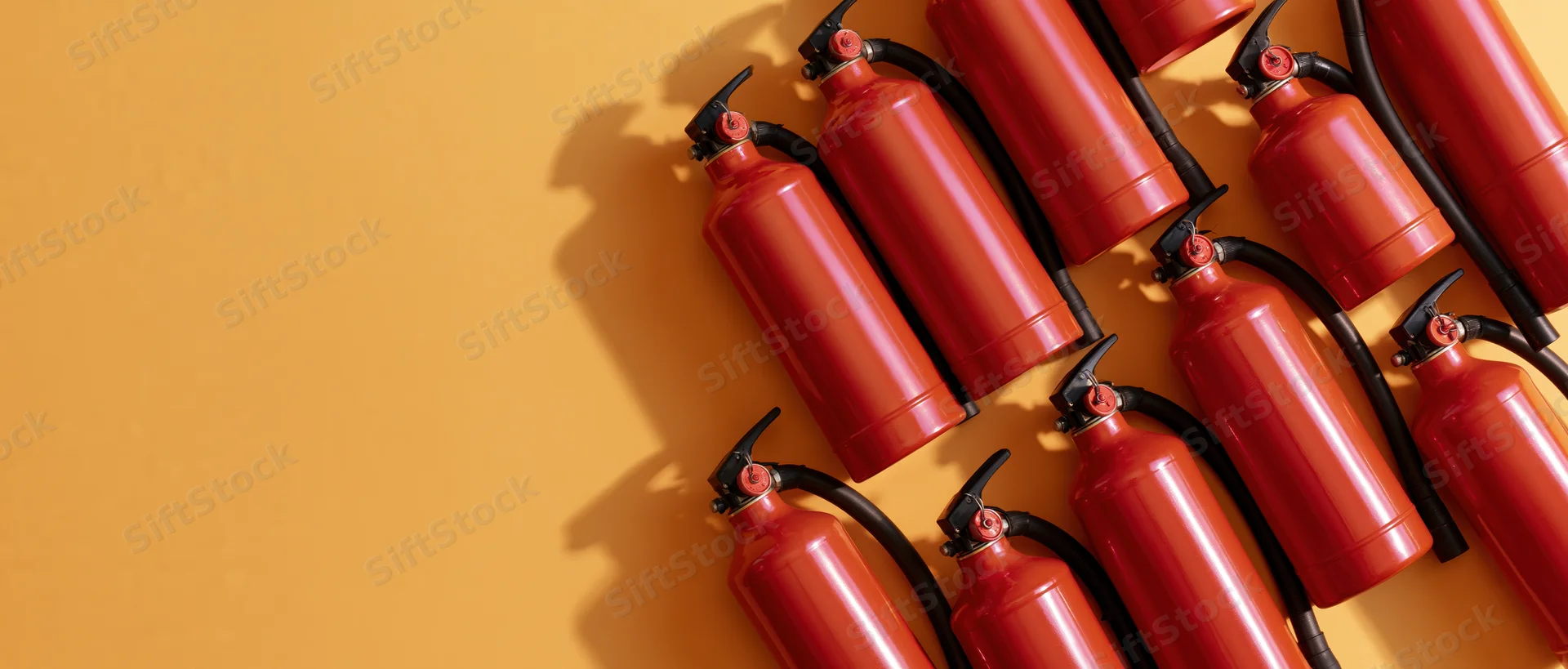 Multiple red fire extinguishers arranged diagonally on orange background with copyspace